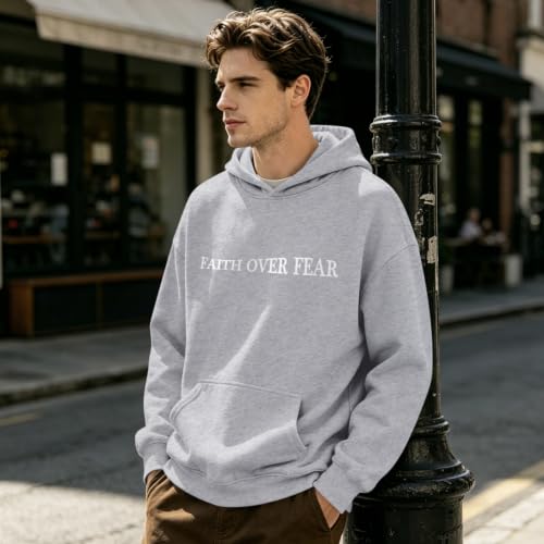 Mens Christian Faith Over Fear Hoodie Jesus Religious Graphic Hoodies Inspirational Bible Verse Vintage Sweatshirt - color: Light Gray, size: Small