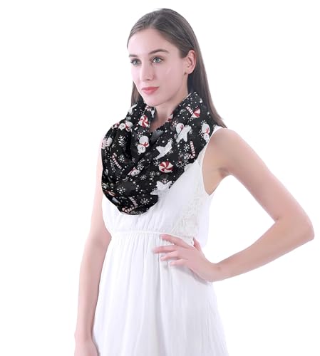 Lina & Lily Holiday Christmas Pattern Print Women's Infinity Scarf Lightweight - color: Black White Red, Snowman Snowflake Star