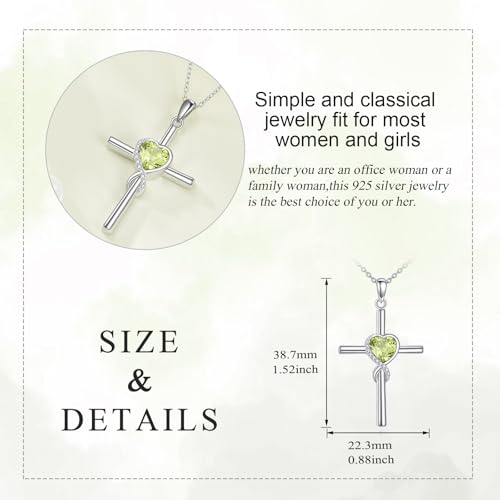 S925 Sterling Silver Cross Necklace for Women Birthstone Necklace Heart Infinity Cross Pendant Necklace Christmas Valentines Day Gifts Birthday Holiday Gifts for Her, 18"+2" Inches - color: 08-Aug Birthstone - Peridot