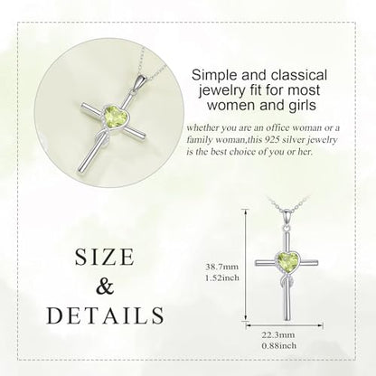 S925 Sterling Silver Cross Necklace for Women Birthstone Necklace Heart Infinity Cross Pendant Necklace Christmas Valentines Day Gifts Birthday Holiday Gifts for Her, 18"+2" Inches - color: 08-Aug Birthstone - Peridot
