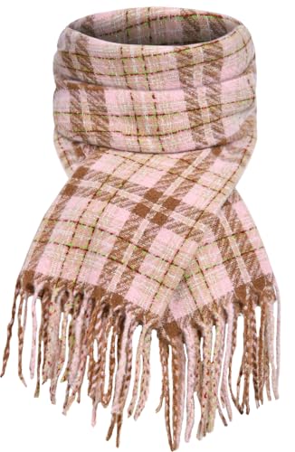 Winter Scarf for Women Plaid Long Oversized blanket Shawl Wraps Gift - color: Pink & Coffee