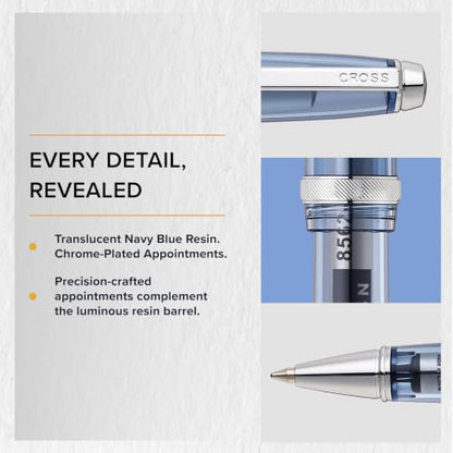 Cross Lume Translucent Translucent Navy Blue Resin Ballpoint Pen - Chrome-Plated Appointments - Black Fine-Tip Ballpoint - 0.27mm Line Width - Lifetime Mechanical Warranty - color: Blue