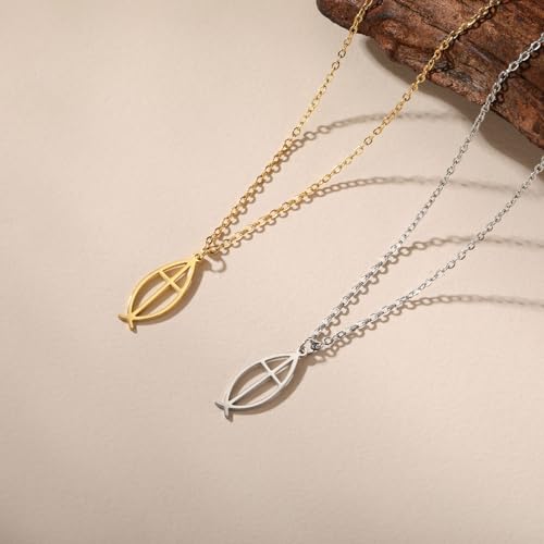 Ichthus Necklace for Women Christian Jesus Fish Necklace Christ Fish Cross Ichthys Pendant Necklace Ichthus Fish Religious Symbol Pendant Christian Jewelry Gift - color: Ichthys cross gold