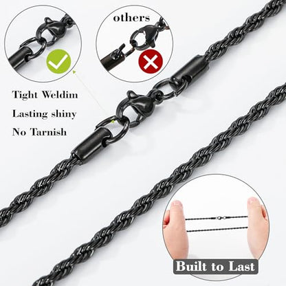 Cross Necklace for Boys Mens Stainless Steel Twisted Rope Chain Cross Pendant Rustproof Necklace for Teen Boy Mens Christian First Communion Confirmation Gifts for Boys - color: Black