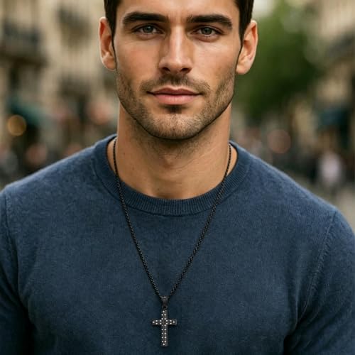 Men's Cross Necklace, Vine Design Iced‑Out Cubic Zirconia - color: black