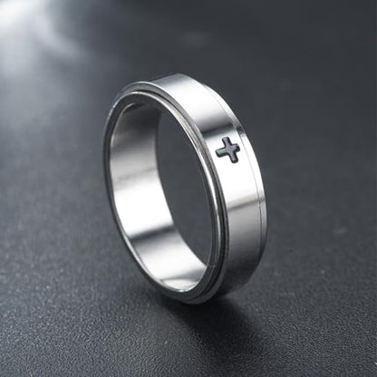 Minimalist Cross Stainless Steel Spinner Ring Anxiety Stress Relieving Rotating Fidget 6mm Band Rings for Men Women Christian Religious Relief Couple Cool Jewelry - color: silver 8