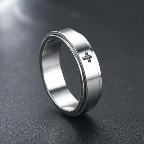 Minimalist Cross Stainless Steel Spinner Ring Anxiety Stress Relieving Rotating Fidget 6mm Band Rings for Men Women Christian Religious Relief Couple Cool Jewelry - color: silver 11