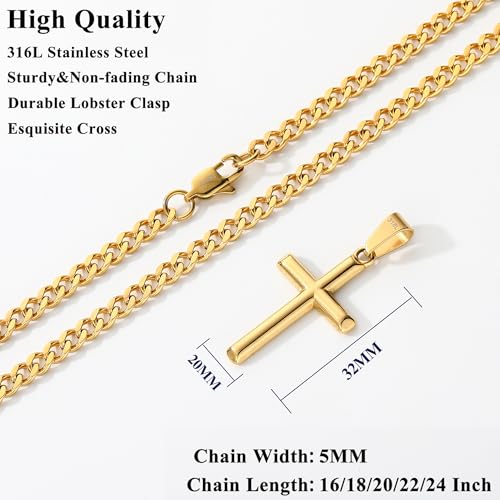 Avotto 316L Stainless Steel Cross Necklace Jewelry Gifts for Men Boys, Silver Gold Black Necklaces 5mm Non-Fading Sturdy Cuban Chain with Cross Pendant 14/16/18/20/22/24Inch - color: Gold, size: 22 inch(55cm)-Long Fit