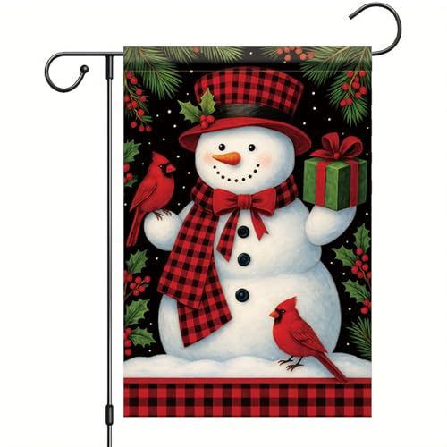 Christmas Garden Flag Buffalo Plaid Snowman Cardinal Gift 12x18 Inch Double Sided Outdoor Yard Banner for Winter Holiday Merry Christmas Decoration Seasonal Cute Welcome Decor. - color: Snowman Cardinal Gift