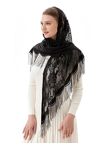 PAMOR Triangle Catholic Church Veil Chapel Veil Scarf Mantilla Veils Wrap Shawl Mass Head Covering with Fringe Trim - color: Black