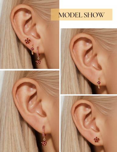 Angelady Gold Hoop Earrings Set for Women, Dainty 14K Gold Plated Flower Moon Cross Dangle Earrings, Hypoallergenic Huggie Hoop Earring Stacks, Stud Earrings for Women Trendy Jewelry Gift - color: Gold Red CZ