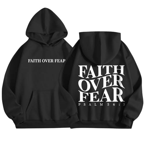 Faith Over Fear Christian Hoodies for Men Religious Jesus Hoodie Bible Verse Graphic Sweatshirt Fleece Pullover - color: Black, size: Medium