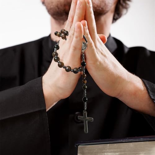 Bovemee Saint Benedict Medal Prayer Pocket Rosary Catholic Brown Wood Beads with Medalla de san benitol and Crucifix, 9 Inch - color: Nature stone Brown
