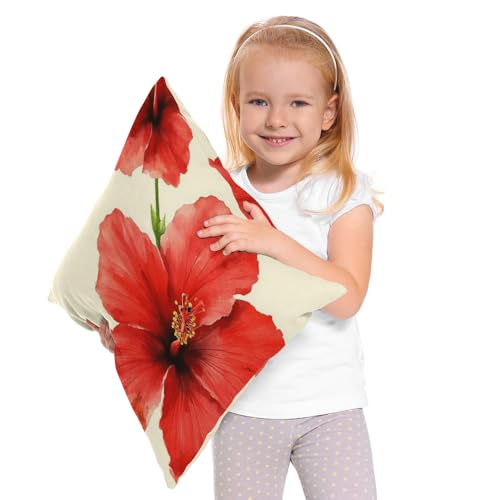 Moslion Hibiscus Throw Pillow Cover Flower Tropical Plants Watercolor Blooming Bright Nature Summer Red 18x18 Inch Square Pillow Case Cushion Cover for Home Car Decorative Cotton Linen - color: Red Hibiscus