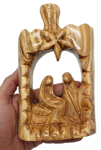 Zuluf Olive Wood Nativity Scene 6.5" - Large Abstract Hand Carved Holy Family with Bethlehem Star Christmas Decor HOF056