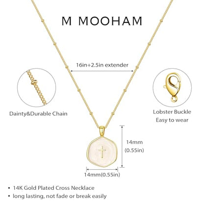 M MOOHAM Enamel Mini Cross Necklace for Women Girl, 14K Gold Plated Jewelry - color: " pearl white cross-beaded chain