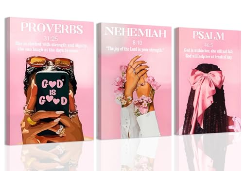 CXQILVER Pink Christian Canvas Wall Art Set of 3, Inspirational Scripture Wall Decor Trendy Black Girl Bible Verse Poster Pink Bow Floral Prayer Artwork for Girls Bedroom Living Room 16x24in Framed - color: Pink Black Girl, size: 24"L x 16"W