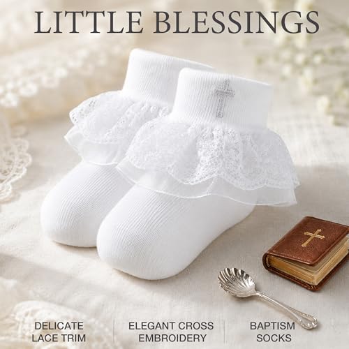 Baptism Socks for Baby Girls - White Newborn Christening Socks With Cross & Eyelet Frilly Lace - color: B-white