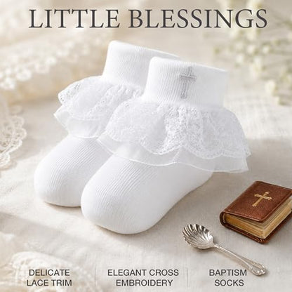 Baptism Socks for Baby Girls - White Newborn Christening Socks With Cross & Eyelet Frilly Lace - color: A-white