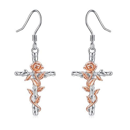 LUHE Sterling Silver Corss/Daisy/Musica Note Dangle Earrings for Women - style: Cross Earrings with Rose