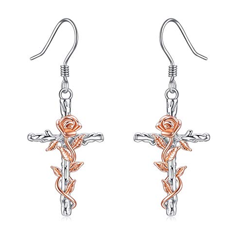 LUHE Sterling Silver Corss/Daisy/Musica Note Dangle Earrings for Women - style: Cross Earrings with Rose