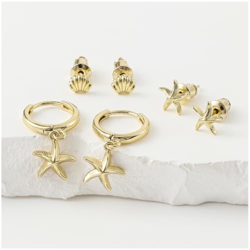 SHERLOVE Gold Earring Stacks Women 3Pairs Dangle Stud Huggie Hoop Set - color: 3 Pairs-Starfish 01 Stud Gold