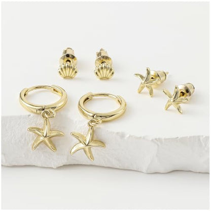 SHERLOVE Gold Earring Stacks Women 3Pairs Dangle Stud Huggie Hoop Set - color: 3 Pairs-Starfish 01 Stud Gold