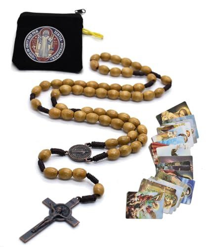 SZQCZB Wooden Rosary Beads Catholic for Men, Saint Benedict Medal and Cross - Comes in Gift Pouch and 18pcs Prayer Cards - color: Light Brown
