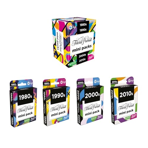 Hasbro Games Trivial Pursuit Mini Packs Multipack, Fun Trivia Questions for Adults and Teens Ages 16+, Includes 4 Game Featuring 4 Decades