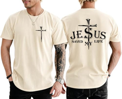Christian Jesus Cross Shirts for Men Jesus Saved My Life T-Shirt God Tee - color: Creamy Yellow, size: 3X-Large