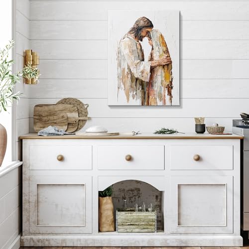 Jesus Embracing Woman Canvas Wall Art, Safe in His Arms Heals Pictures Canvas Print Posters Wall Decor, Christian Wall Art Home Texture Paintings Decor for Living Room Prayer Room 16x20 inches Framed - color: Embrace -2, size: 16"L x 20"W