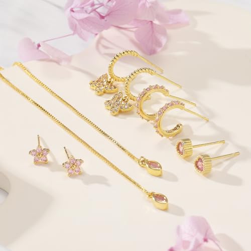 Gold Earrings Set for Women 14K Gold Plated Cubic Zirconia Love Heart Bowknot Clover Fruit Flower Insect Ocean Cross Huggie Hoop Earrings Stud Earrings Set for Multiple Piercing Party Jewelry Gifts - style: Butterfly and Heart
