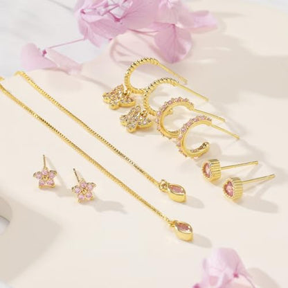 Gold Earrings Set for Women 14K Gold Plated Cubic Zirconia Love Heart Bowknot Clover Fruit Flower Insect Ocean Cross Huggie Hoop Earrings Stud Earrings Set for Multiple Piercing Party Jewelry Gifts - style: Butterfly and Heart