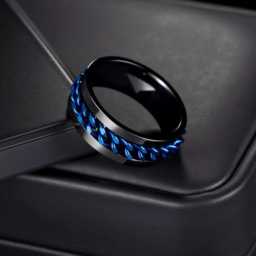 Mens Fidget Rings Anxiety Ring for Men 6mm 8mm Chain Spinner Ring Size 5-14 - color: Black Blue
