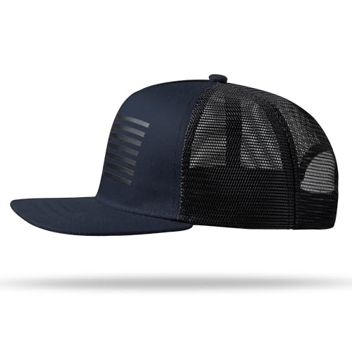 UALON Baseball Cap, Snapback Trucker Hat for Men & Women with American Flag and Adjustable, Breathable Mesh, Flat Bill Hats - color: Navy/Black