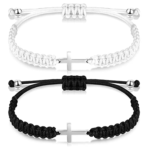 Sureio 2 Pcs Christian Cross Matching Bracelets for Women Men - color: White/ Black