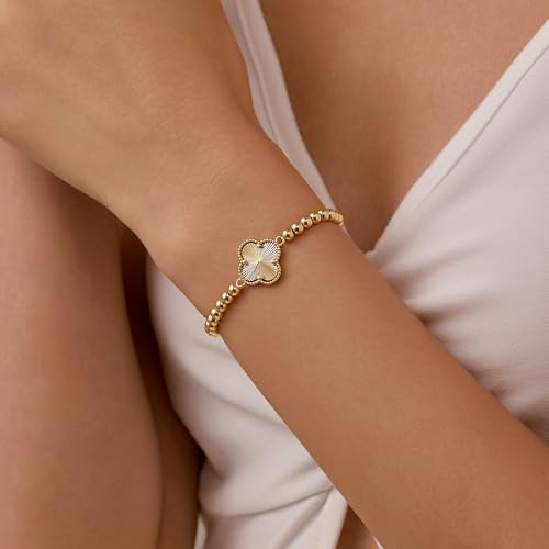 GINAZAL Gold Bead Bracelet for Women, Hypoallergenic Fade-Resistant | Brass | 14K Gold |Cubic Zirconia - color: Clover