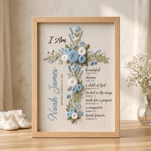 NAZENTI Custom Hand Embroidery Wooden Frame Sign Baptism Gift for Boy, Personalized Embroidered Floral Sign with Name - color: DS06