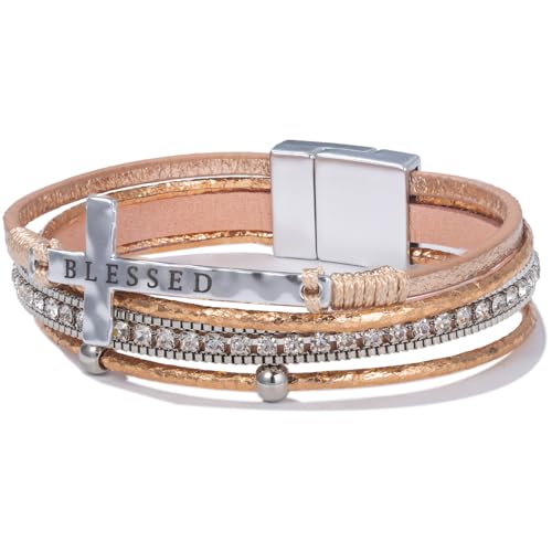 Christian Cross Leather Bracelets Boho Western Blessing Religious Jewelry - color: Rose Gold