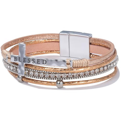 Christian Cross Leather Bracelets Boho Western Blessing Religious Jewelry - color: Rose Gold