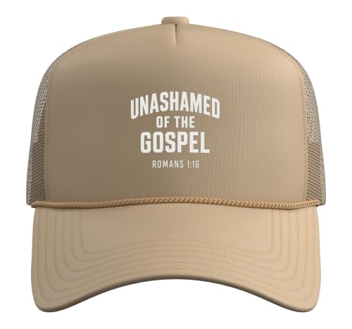 Unashamed of the Gospel, Christian Teen Romans 1:16 Trucker Hat with Adjustable Mesh Back - color: Khaki