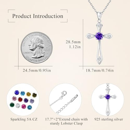 Cross Necklace for Women,925 Sterling Silver Faith Jewerly Gift - color: 02-February-Amethyst