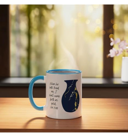 Bible Verse Jesus Christ Kintsugi Vase Gold Job Christian Ceramic Mug, Blue/White, 11oz - color: Blue/White, size: 11 Ounces