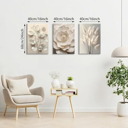 WENGTIAO 3Pcs Beige Floral Botanical Frame Canvas Wall Art 16"x24"x3 - color: Flower-White botanical, size: 16"x24"x3Pcs