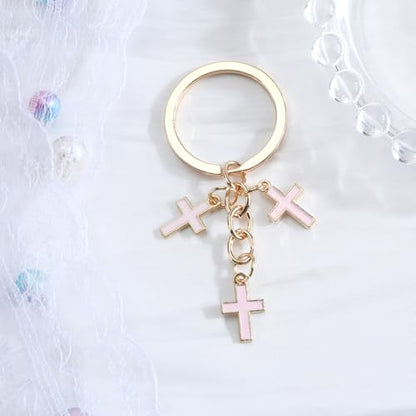 Christian Cross Keychain Inspirational Keychains with Cross Pendant Bible Verse Keycharm Motivational Gift for Women - color: Pink