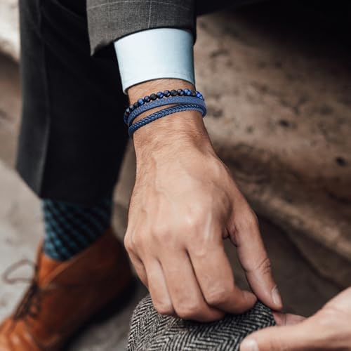 Beaded Leather Bracelets - Gifts for Men, 6mm Tiger Eye Lava Rock Stone Beads Braided Leather Bracelet Handmade Mens Bracelet With Adjustable Magnetic Clasp - color: Blue-1