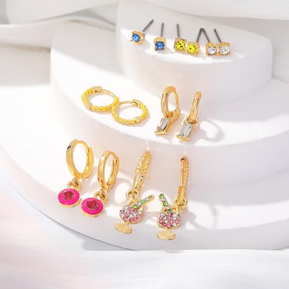 Gold Earrings Set for Women 14K Gold Plated Cubic Zirconia Love Heart Bowknot Clover Fruit Flower Insect Ocean Cross Huggie Hoop Earrings Stud Earrings Set for Multiple Piercing Party Jewelry Gifts - style: Fun Cocktail