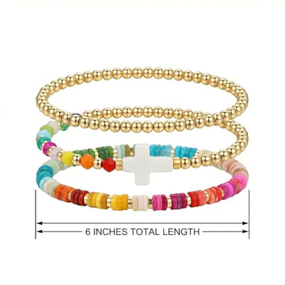 Gold Pearl Beaded Cross Bracelets Stack Set for Women, Boho Handmade Colorful Small Beads Stretchable Jewelry Friendship Summer Trendy Gift. - color: Rainbow Gold White