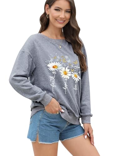 Women’s Christian Sweatshirts,Faith Hope Love Daisy Print Crewneck Long Sleeve Casual Loose Fit Sweatshirt - color: Dark Grey, size: Large