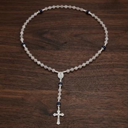 Nazareth Store 8mm White Jade & 10mm Natural Stone Beads Rosary Necklace St. Miraculous Medal & Cross Crucifix Catholic Prayer Beads Religious Jewelry - color: Lapis lazuli